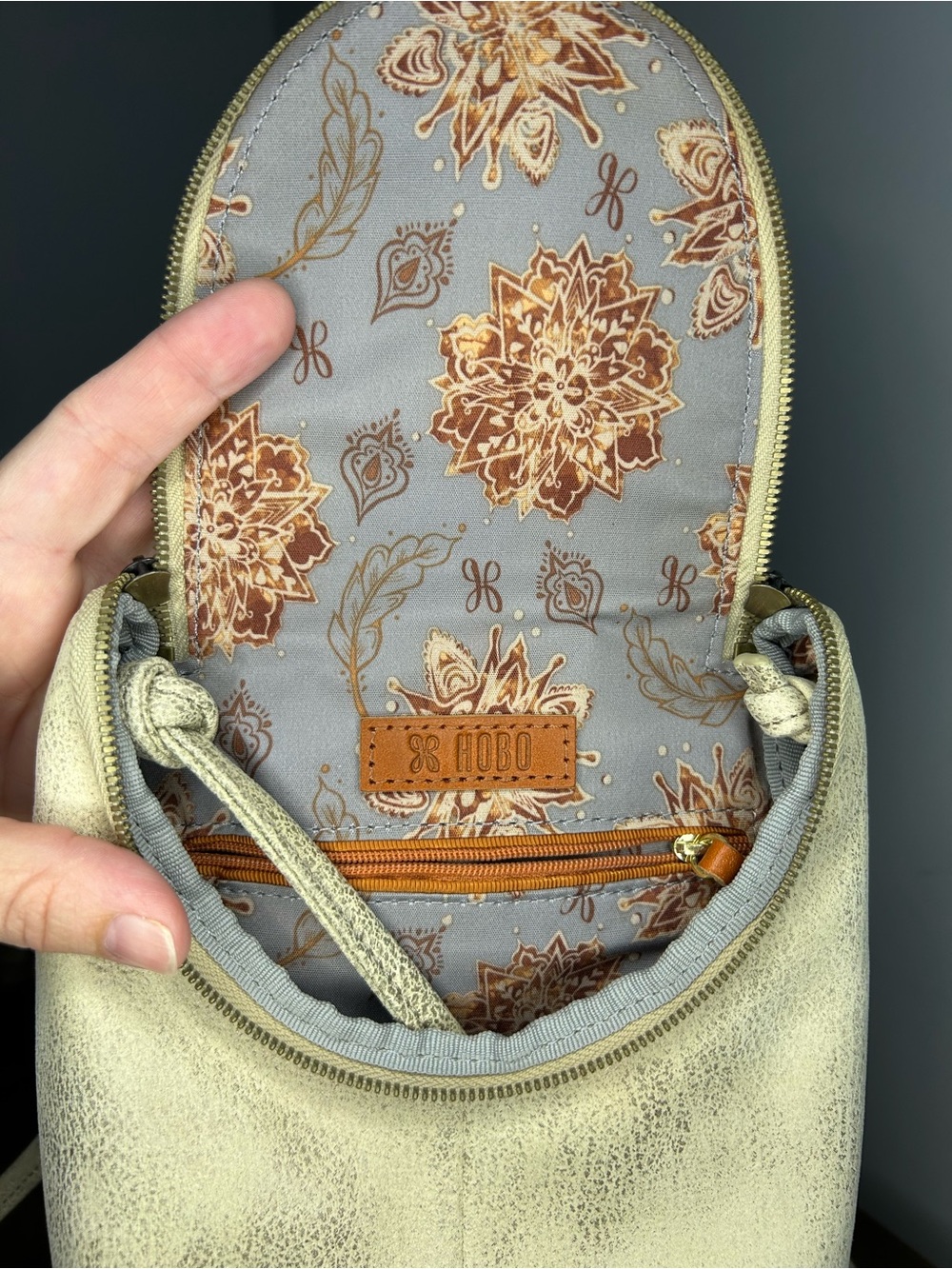 HOBO Fern Distressed Gold Leather Zip Flap Crossbody Bag - Picture 8 of 10